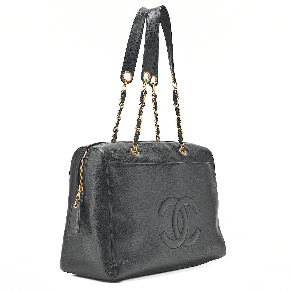 CHANEL Caviar Skin Coco Mark Chain Tote Bag Black Gold-Tone Hardware, Pre-Owned
