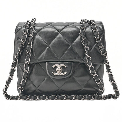 CHANEL Lambskin Mini Matelasse Single Chain Shoulder Black Silver-Tone Hardware, Pre-Owned