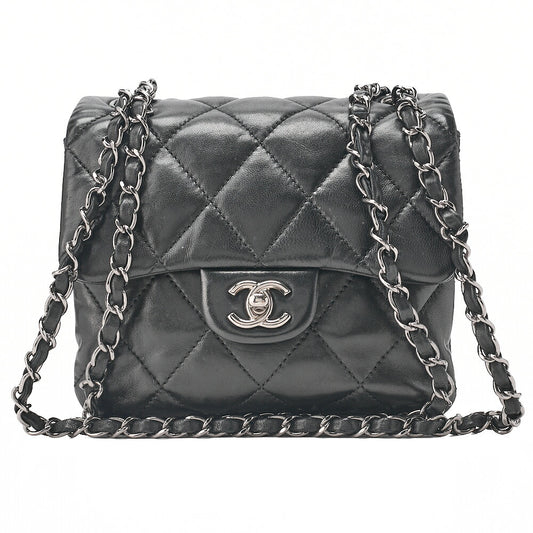 CHANEL Lambskin Mini Matelasse Single Chain Shoulder Black Silver-Tone Hardware, Pre-Owned