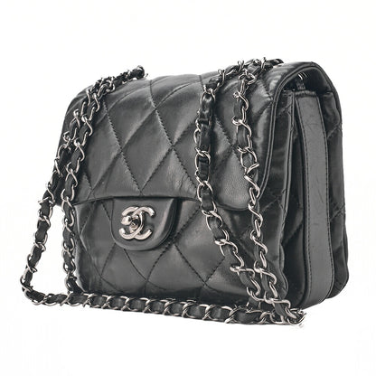 CHANEL Lambskin Mini Matelasse Single Chain Shoulder Black Silver-Tone Hardware, Pre-Owned