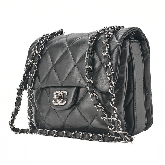 CHANEL Lambskin Mini Matelasse Single Chain Shoulder Black Silver-Tone Hardware, Pre-Owned