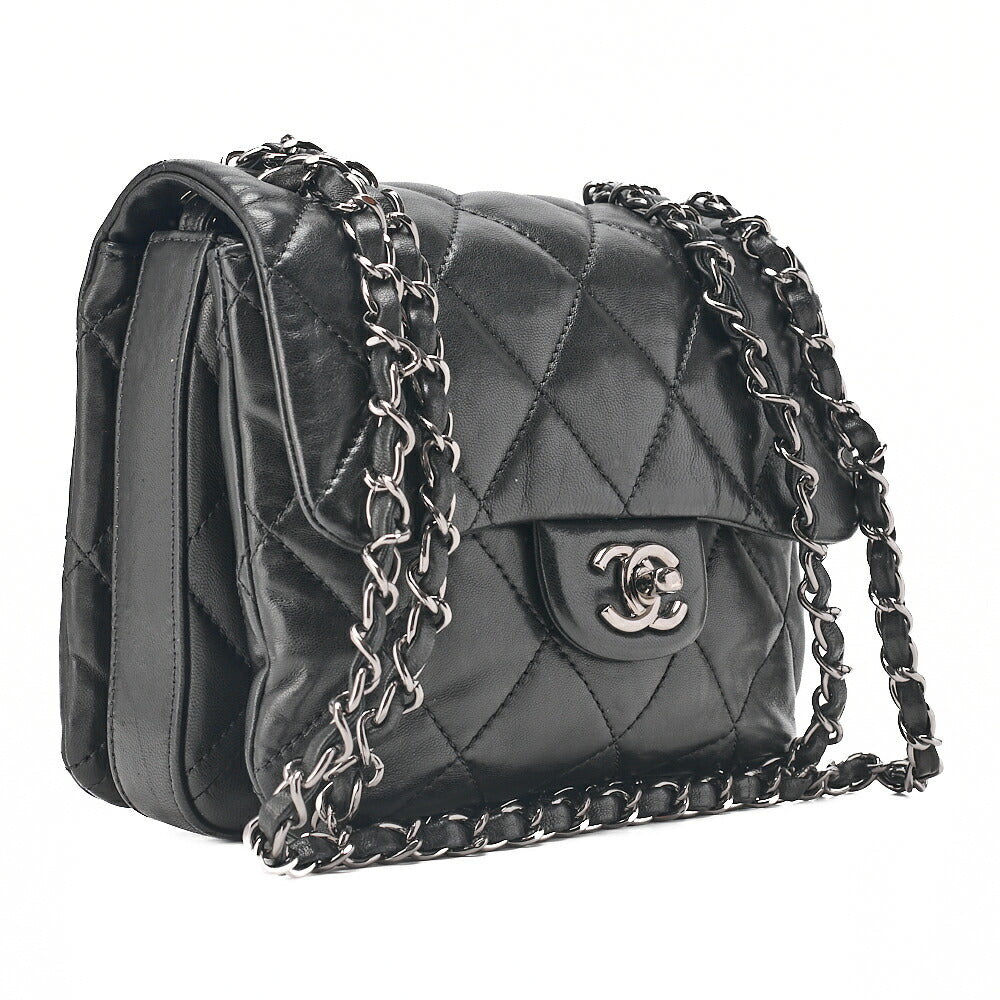 CHANEL Lambskin Mini Matelasse Single Chain Shoulder Black Silver-Tone Hardware, Pre-Owned