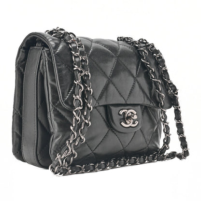 CHANEL Lambskin Mini Matelasse Single Chain Shoulder Black Silver-Tone Hardware, Pre-Owned