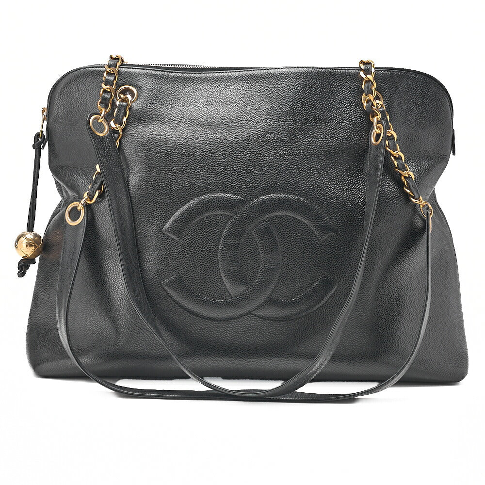 CHANEL Deka Coco Mark Double Chain Shoulder with Ball Charm Large Size Caviar Skin Black Gold-Tone Hardware, Pre-Owned