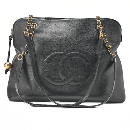 CHANEL Deka Coco Mark Double Chain Shoulder with Ball Charm Large Size Caviar Skin Black Gold-Tone Hardware, Pre-Owned