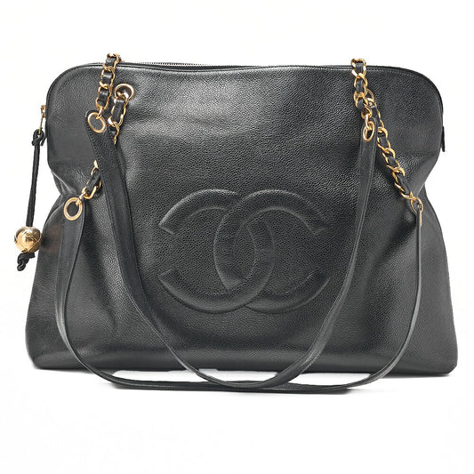 CHANEL Deka Coco Mark Double Chain Shoulder with Ball Charm Large Size Caviar Skin Black Gold-Tone Hardware, Pre-Owned