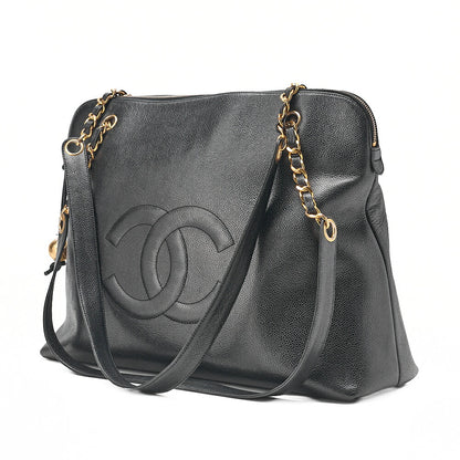 CHANEL Deka Coco Mark Double Chain Shoulder with Ball Charm Large Size Caviar Skin Black Gold-Tone Hardware, Pre-Owned