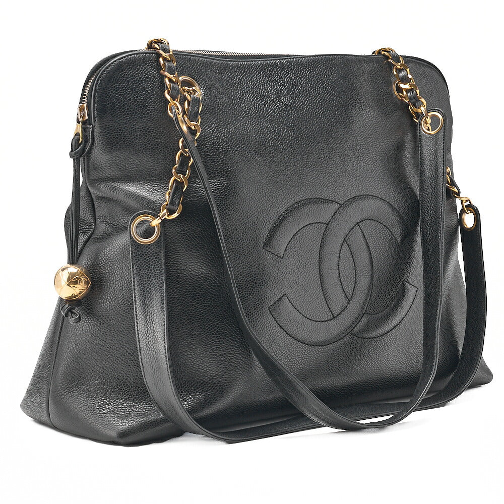 CHANEL Deka Coco Mark Double Chain Shoulder with Ball Charm Large Size Caviar Skin Black Gold-Tone Hardware, Pre-Owned