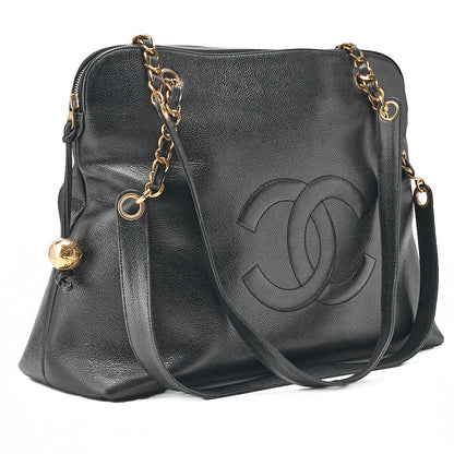 CHANEL Deka Coco Mark Double Chain Shoulder with Ball Charm Large Size Caviar Skin Black Gold-Tone Hardware, Pre-Owned