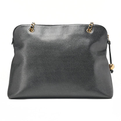 CHANEL Deka Coco Mark Double Chain Shoulder with Ball Charm Large Size Caviar Skin Black Gold-Tone Hardware, Pre-Owned