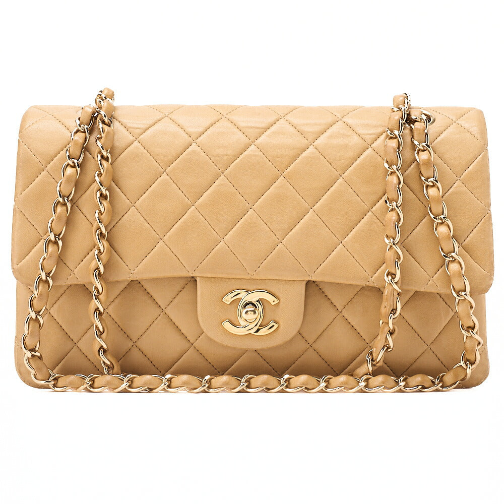 CHANEL Lambskin Matelasse Double Flap 25cm Chain Shoulder Beige Gold-Tone Hardware, Pre-Owned