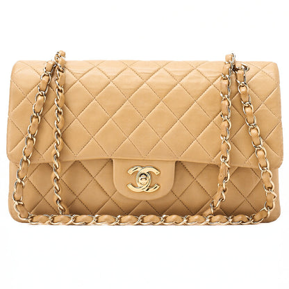 CHANEL Lambskin Matelasse Double Flap 25cm Chain Shoulder Beige Gold-Tone Hardware, Pre-Owned