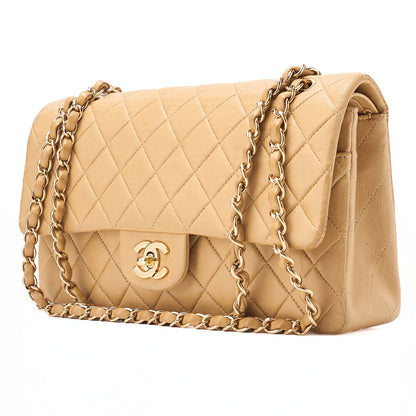 CHANEL Lambskin Matelasse Double Flap 25cm Chain Shoulder Beige Gold-Tone Hardware, Pre-Owned