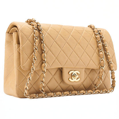 CHANEL Lambskin Matelasse Double Flap 25cm Chain Shoulder Beige Gold-Tone Hardware, Pre-Owned