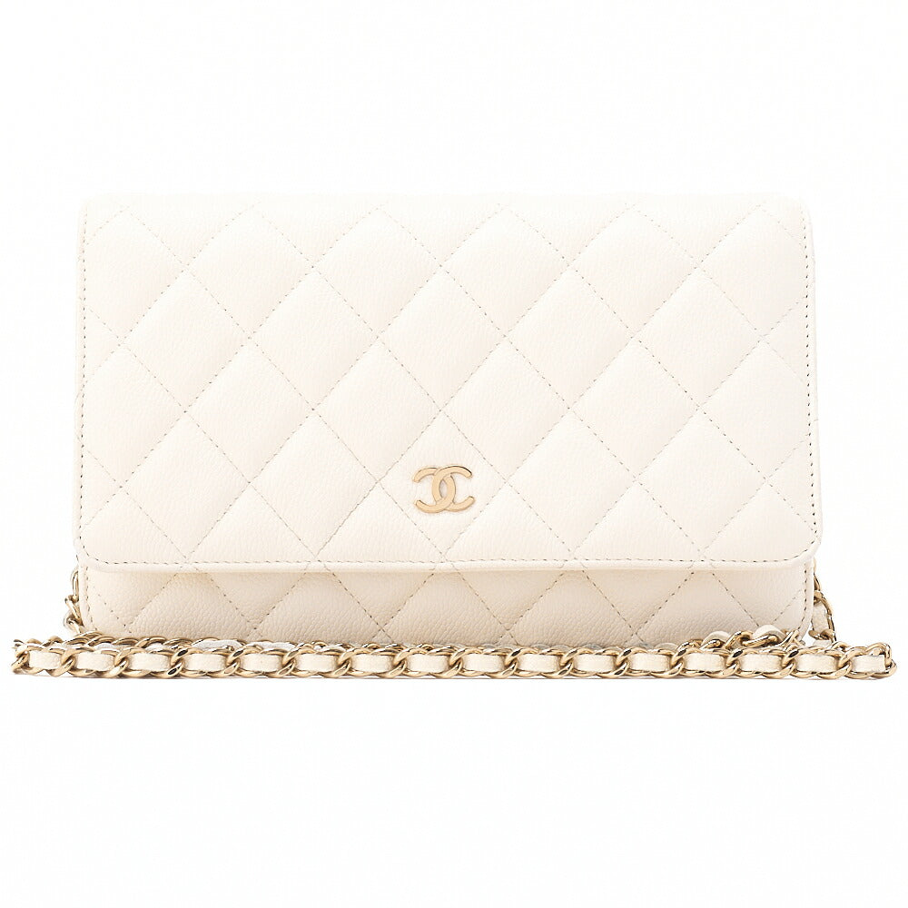 CHANEL Chanel Matelasse Chain Wallet Caviar Skin White Gold-Tone Hardware, Pre-Owned
