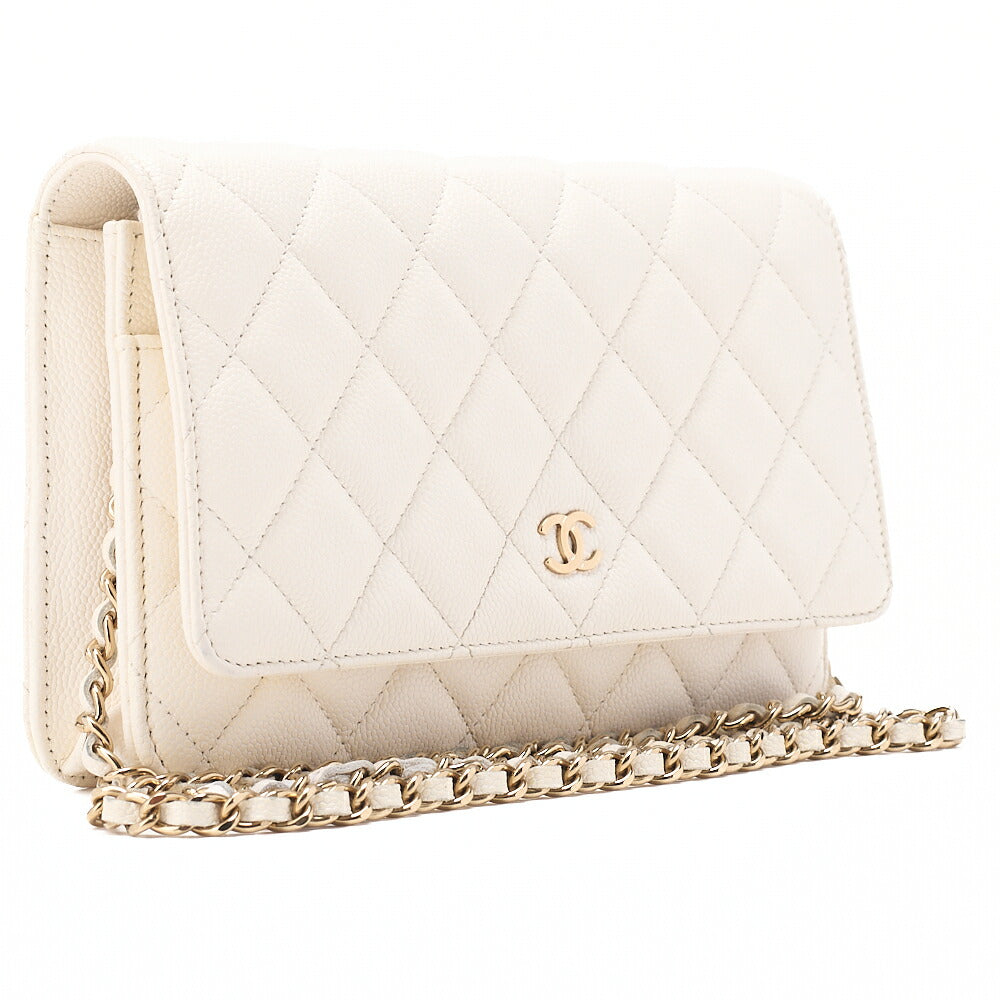 CHANEL Chanel Matelasse Chain Wallet Caviar Skin White Gold-Tone Hardware, Pre-Owned
