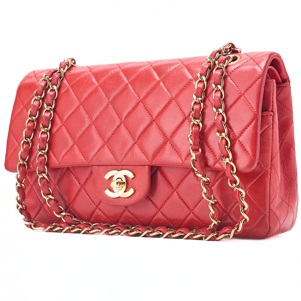 CHANEL Chain Shoulder Bag Matelasse Lambskin Double Flap 25 Turn Lock  Red  Gold-Tone Hardware, Pre-Owned