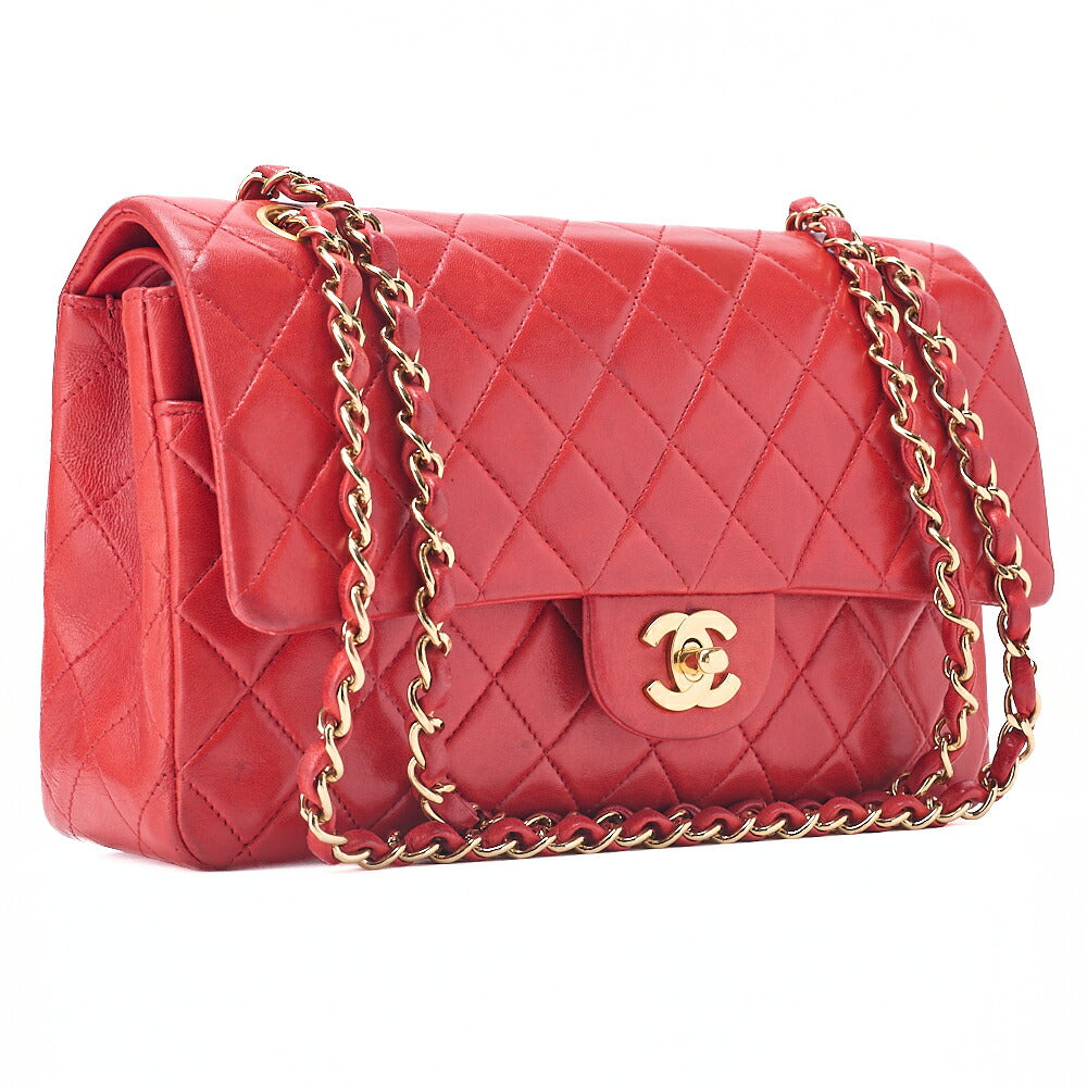 CHANEL Chain Shoulder Bag Matelasse Lambskin Double Flap 25 Turn Lock  Red  Gold-Tone Hardware, Pre-Owned
