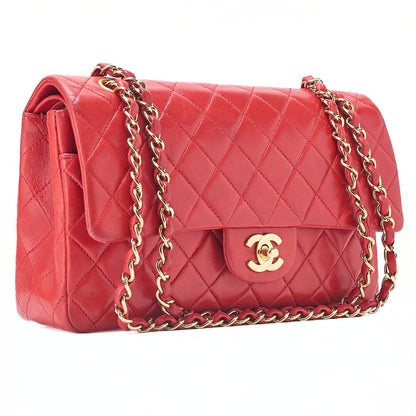 CHANEL Chain Shoulder Bag Matelasse Lambskin Double Flap 25 Turn Lock  Red  Gold-Tone Hardware, Pre-Owned