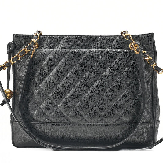 CHANEL Shoulder Bag Chain Tote Bag Caviar Skin Matelasse Ball Charm Black Gold-Tone Hardware, Pre-Owned