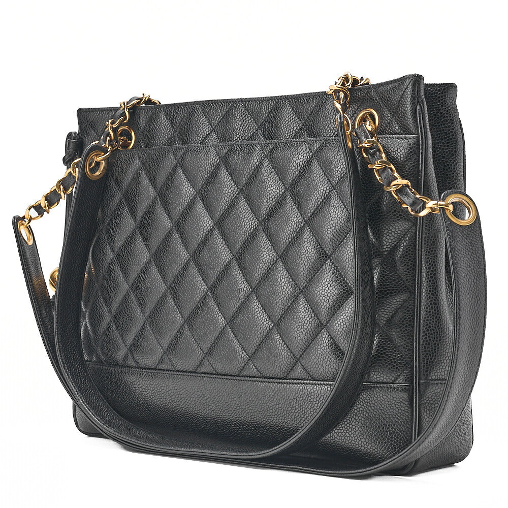 CHANEL Shoulder Bag Chain Tote Bag Caviar Skin Matelasse Ball Charm Black Gold-Tone Hardware, Pre-Owned