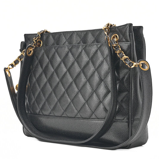 CHANEL Shoulder Bag Chain Tote Bag Caviar Skin Matelasse Ball Charm Black Gold-Tone Hardware, Pre-Owned