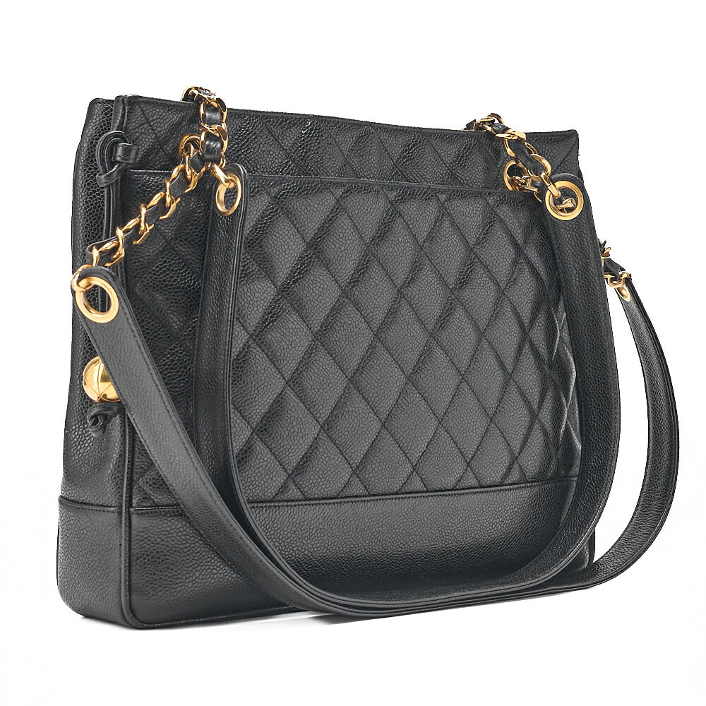 CHANEL Shoulder Bag Chain Tote Bag Caviar Skin Matelasse Ball Charm Black Gold-Tone Hardware, Pre-Owned