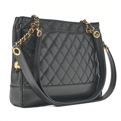 CHANEL Shoulder Bag Chain Tote Bag Caviar Skin Matelasse Ball Charm Black Gold-Tone Hardware, Pre-Owned