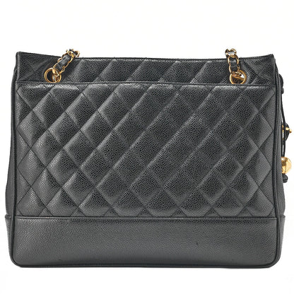 CHANEL Shoulder Bag Chain Tote Bag Caviar Skin Matelasse Ball Charm Black Gold-Tone Hardware, Pre-Owned