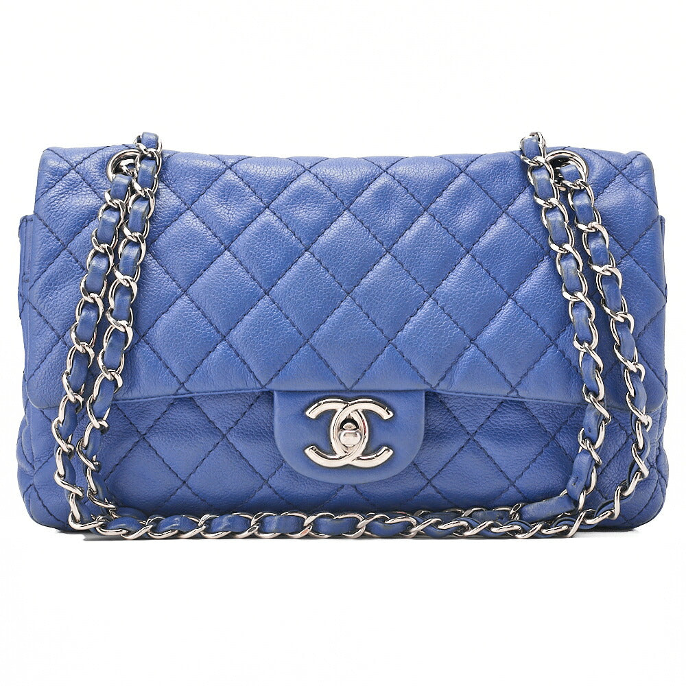 CHANEL Soft Caviar Skin Matelasse Double Flap 25cm Chain Shoulder Navy Silver-Tone Hardware, Pre-Owned