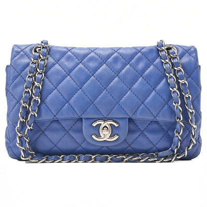 CHANEL Soft Caviar Skin Matelasse Double Flap 25cm Chain Shoulder Navy Silver-Tone Hardware, Pre-Owned