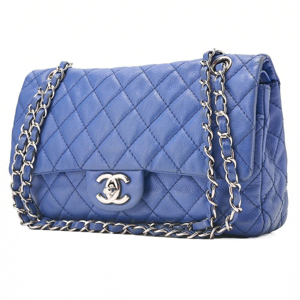 CHANEL Soft Caviar Skin Matelasse Double Flap 25cm Chain Shoulder Navy Silver-Tone Hardware, Pre-Owned