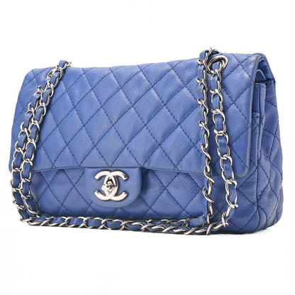 CHANEL Soft Caviar Skin Matelasse Double Flap 25cm Chain Shoulder Navy Silver-Tone Hardware, Pre-Owned