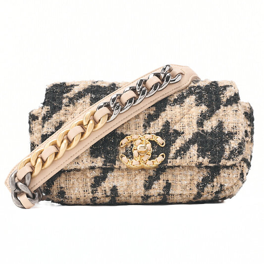 CHANEL Shoulder Bag Waist Bag Chanel 19 Matelasse Tweed Beige x Black Silver x Gold-Tone Hardware, Pre-Owned
