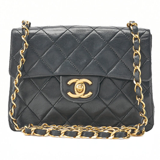 CHANEL Chain Shoulder Bag Mini Matelasse 18cm Turn Lock Lambskin Black Gold -Tone Hardware, Pre-Owned