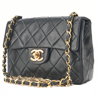 CHANEL Chain Shoulder Bag Mini Matelasse 18cm Turn Lock Lambskin Black Gold -Tone Hardware, Pre-Owned
