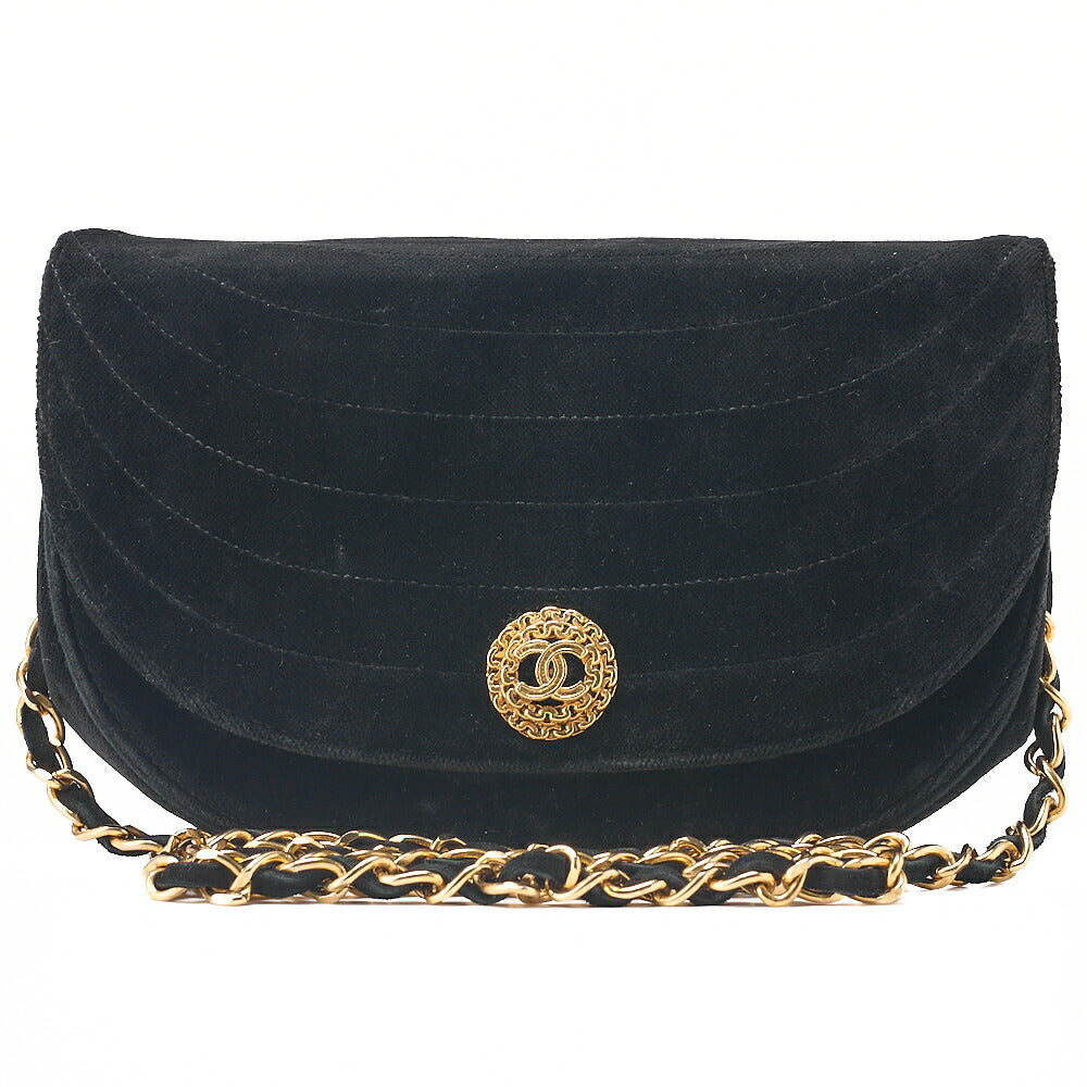CHANEL Shoulder Bag Border Stitch Half Moon Push Lock Suede Black Gold-Tone Hardware, Pre-Owned