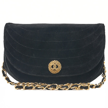 CHANEL Shoulder Bag Border Stitch Half Moon Push Lock Suede Black Gold-Tone Hardware, Pre-Owned