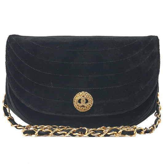 CHANEL Shoulder Bag Border Stitch Half Moon Push Lock Suede Black Gold-Tone Hardware, Pre-Owned