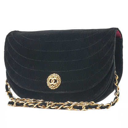 CHANEL Shoulder Bag Border Stitch Half Moon Push Lock Suede Black Gold-Tone Hardware, Pre-Owned