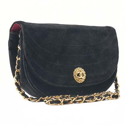 CHANEL Shoulder Bag Border Stitch Half Moon Push Lock Suede Black Gold-Tone Hardware, Pre-Owned