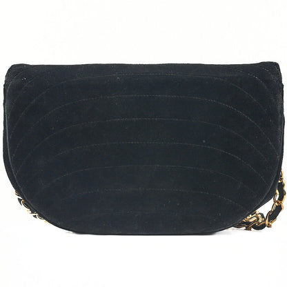 CHANEL Shoulder Bag Border Stitch Half Moon Push Lock Suede Black Gold-Tone Hardware, Pre-Owned