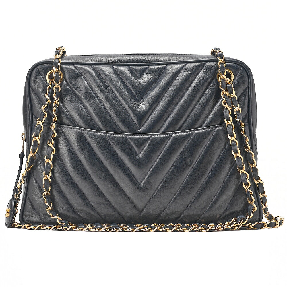 CHANEL Lambskin Chevron Chain Shoulder Bag with Charm Navy Gold-Tone Hardware, Pre-Owned