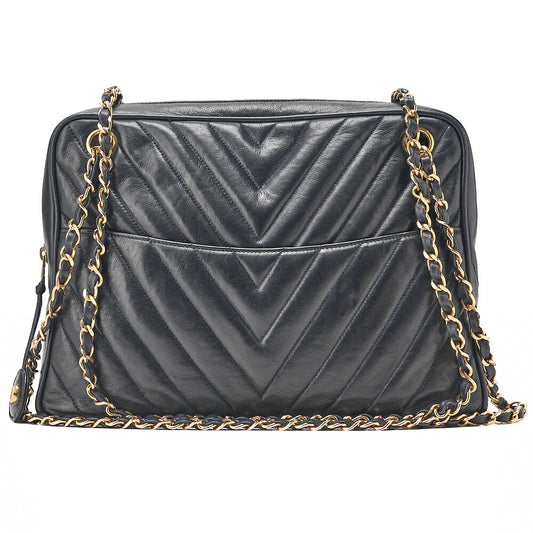 CHANEL Lambskin Chevron Chain Shoulder Bag with Charm Navy Gold-Tone Hardware, Pre-Owned