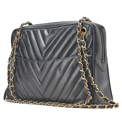 CHANEL Lambskin Chevron Chain Shoulder Bag with Charm Navy Gold-Tone Hardware, Pre-Owned