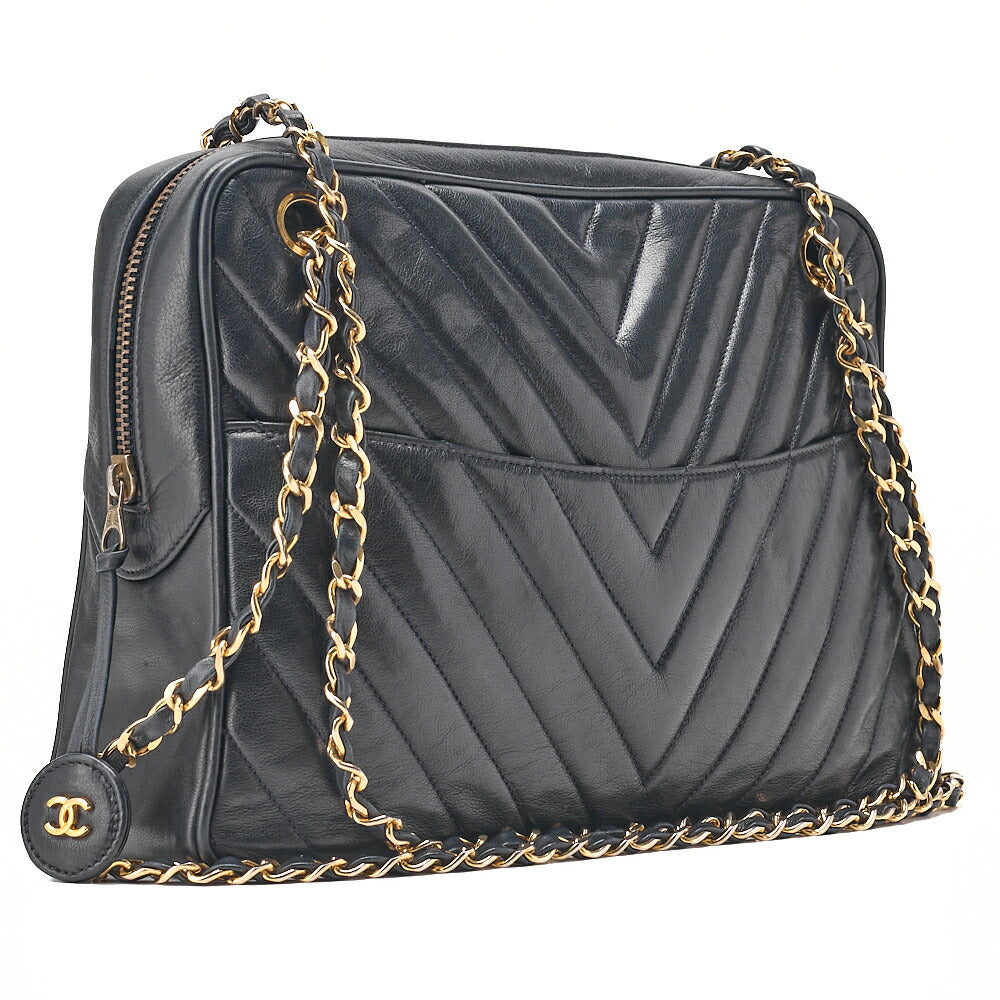 CHANEL Lambskin Chevron Chain Shoulder Bag with Charm Navy Gold-Tone Hardware, Pre-Owned