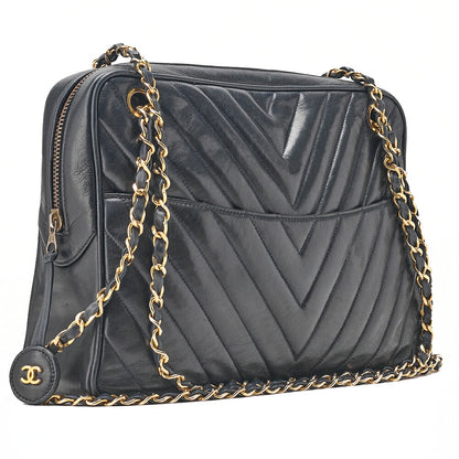 CHANEL Lambskin Chevron Chain Shoulder Bag with Charm Navy Gold-Tone Hardware, Pre-Owned