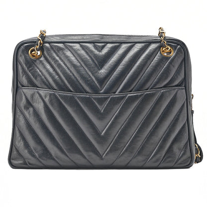 CHANEL Lambskin Chevron Chain Shoulder Bag with Charm Navy Gold-Tone Hardware, Pre-Owned