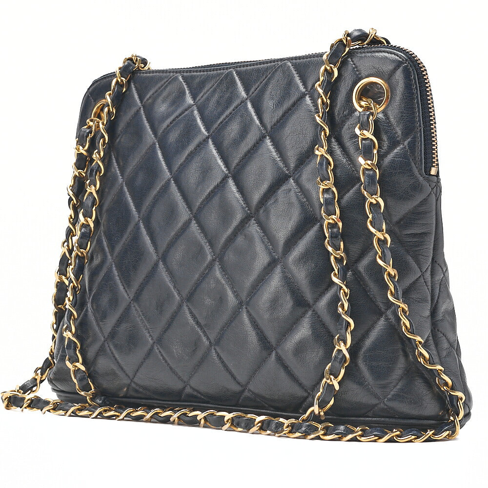 CHANEL Chanel Matelasse Plate Charm Chain Shoulder Lambskin Navy Gold-Tone Hardware, Pre-Owned