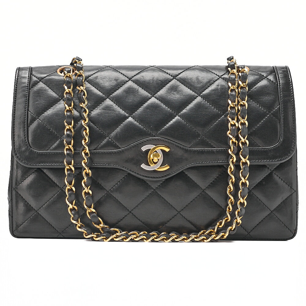 CHANEL Lambskin Matelasse 27cm Paris Limited Double Flap Shoulder Bag Black Gold-Tone Hardware, Pre-Owned